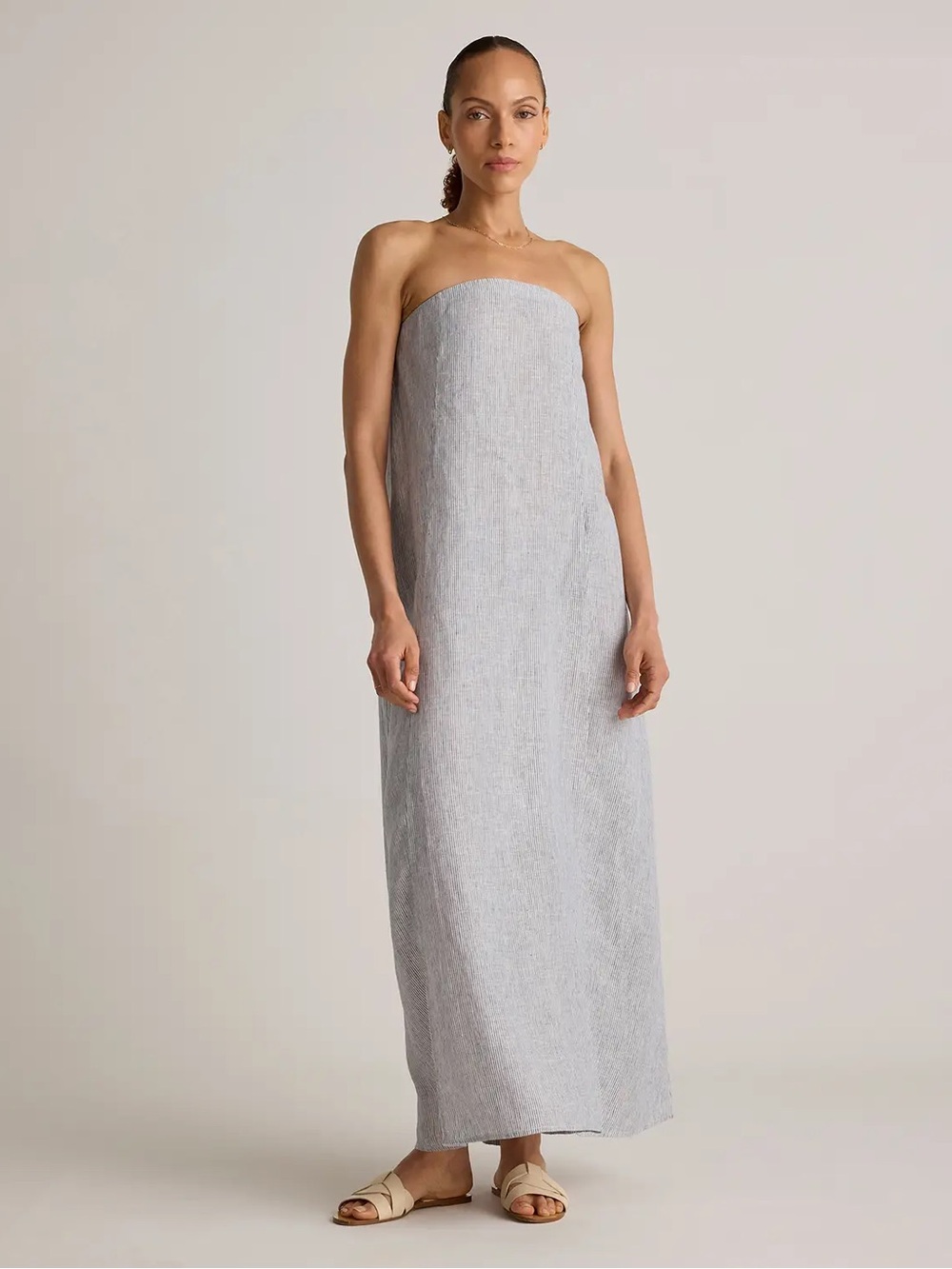 Quince Strapless Linen Maxi Dress in Light Blue & White stripe